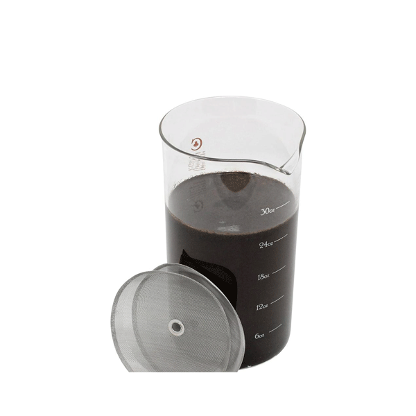 French Press Replacement Glass; for Bodum, Café Crush Carafe Club Bonus Steel Filters, Fire Hardened Borosilicate Beaker 34 Ounce|1Liter Size (White Measures)