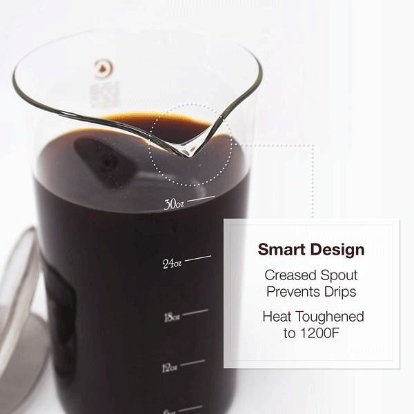French Press Replacement Glass; for Bodum, Café Crush Carafe Club Bonus Steel Filters, Fire Hardened Borosilicate Beaker 34 Ounce|1Liter Size (White Measures)